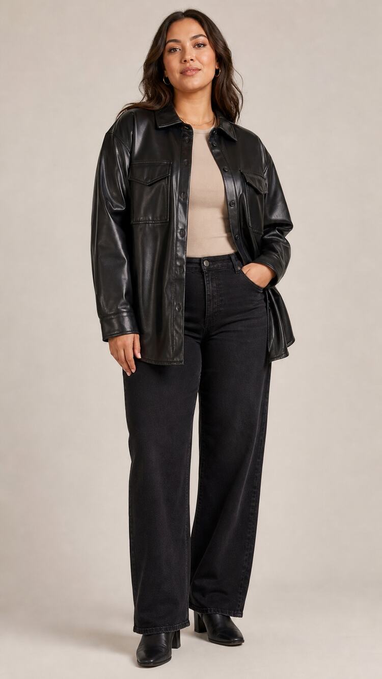 Women's @Lisadnyc Faux Leather Long Shirt Jacket Black XL Shacket Moto Oversized